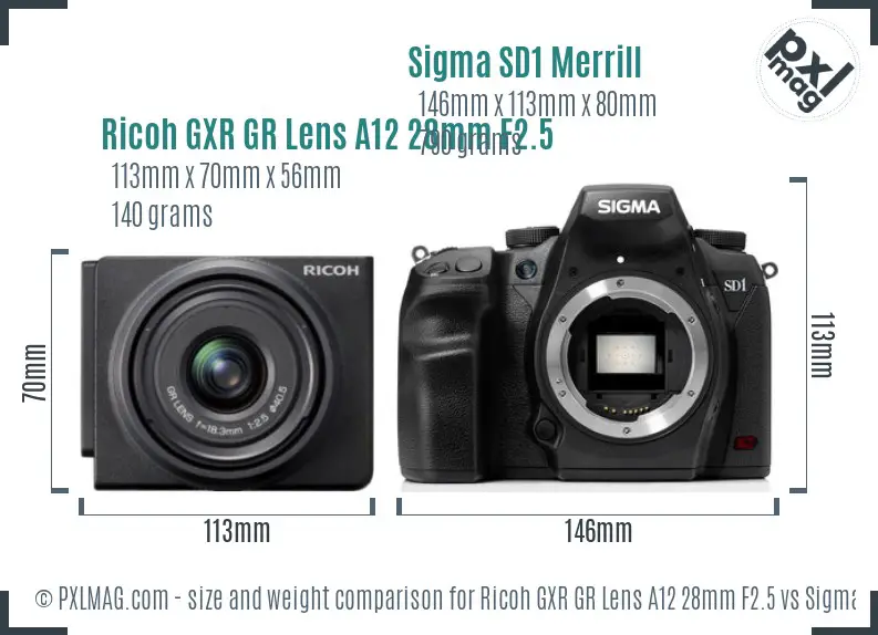 Ricoh GXR GR Lens A12 28mm F2.5 vs Sigma SD1 Merrill size comparison