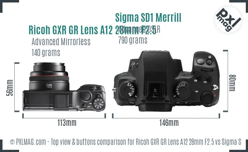 Ricoh GXR GR Lens A12 28mm F2.5 vs Sigma SD1 Merrill top view buttons comparison