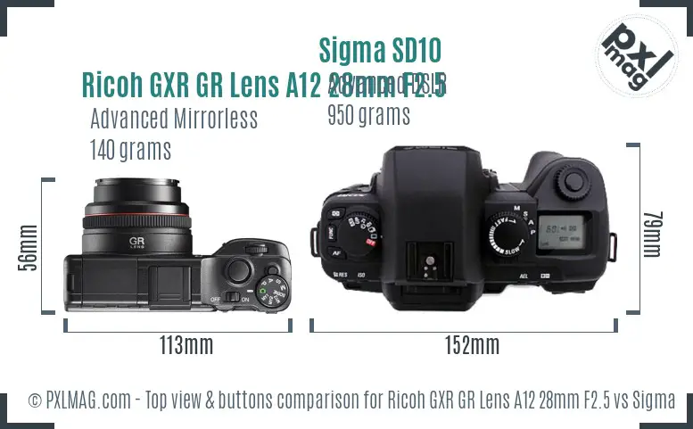 Ricoh GXR GR Lens A12 28mm F2.5 vs Sigma SD10 top view buttons comparison