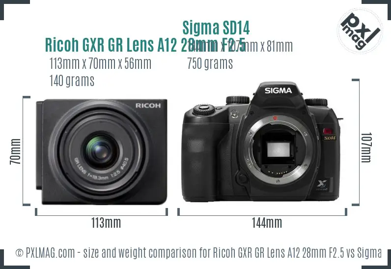 Ricoh GXR GR Lens A12 28mm F2.5 vs Sigma SD14 size comparison