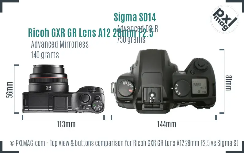 Ricoh GXR GR Lens A12 28mm F2.5 vs Sigma SD14 top view buttons comparison