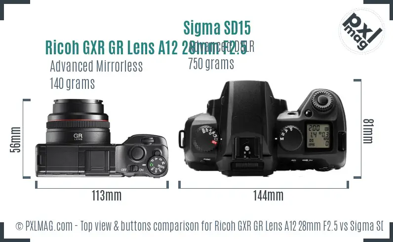 Ricoh GXR GR Lens A12 28mm F2.5 vs Sigma SD15 top view buttons comparison