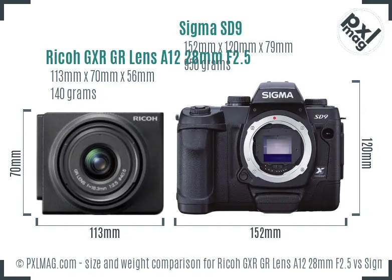 Ricoh GXR GR Lens A12 28mm F2.5 vs Sigma SD9 size comparison