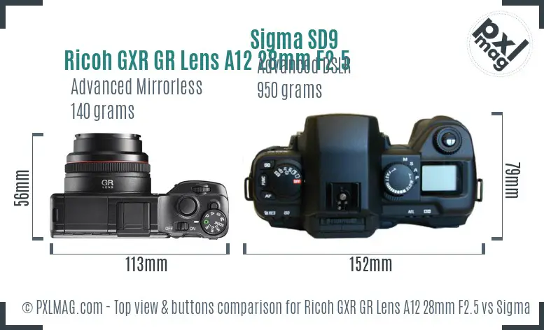 Ricoh GXR GR Lens A12 28mm F2.5 vs Sigma SD9 top view buttons comparison