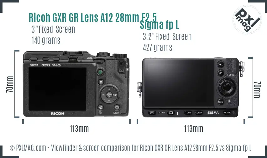 Ricoh GXR GR Lens A12 28mm F2.5 vs Sigma fp L Screen and Viewfinder comparison