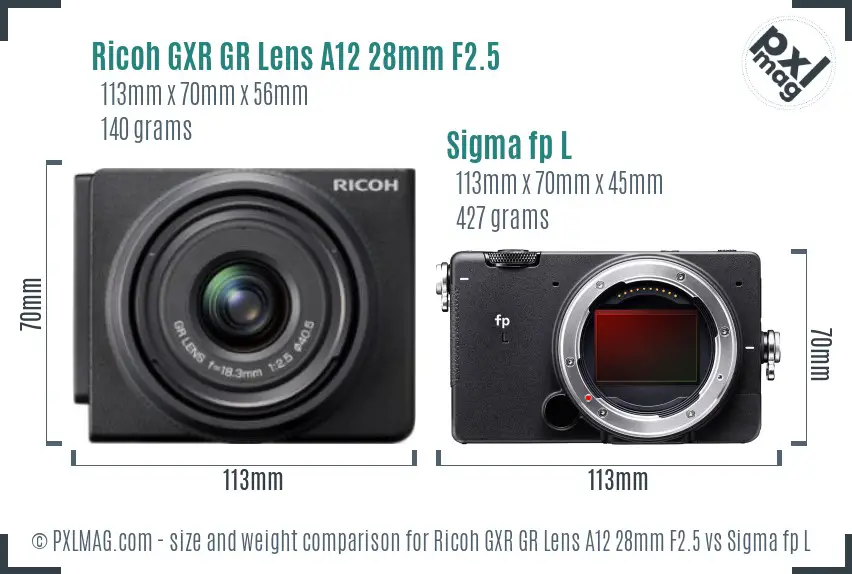 Ricoh GXR GR Lens A12 28mm F2.5 vs Sigma fp L size comparison