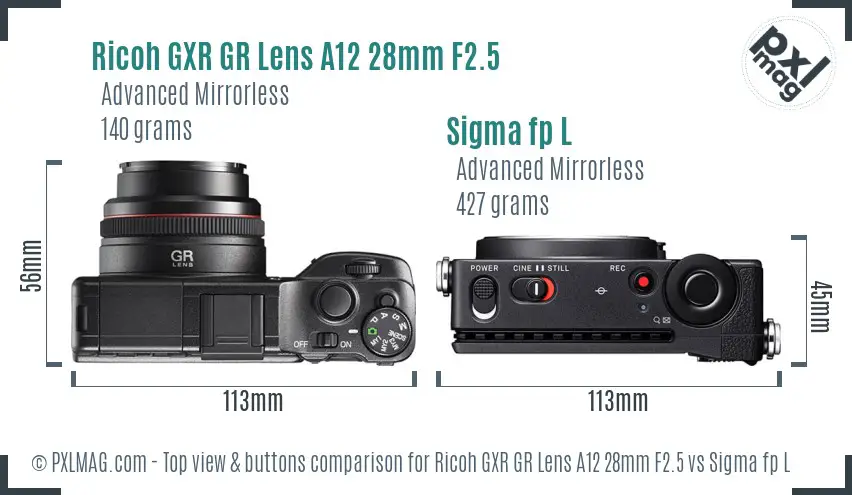 Ricoh GXR GR Lens A12 28mm F2.5 vs Sigma fp L top view buttons comparison