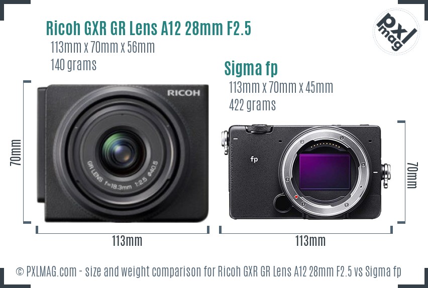 Ricoh GXR GR Lens A12 28mm F2.5 vs Sigma fp size comparison