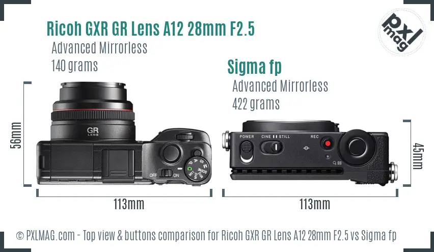Ricoh GXR GR Lens A12 28mm F2.5 vs Sigma fp top view buttons comparison