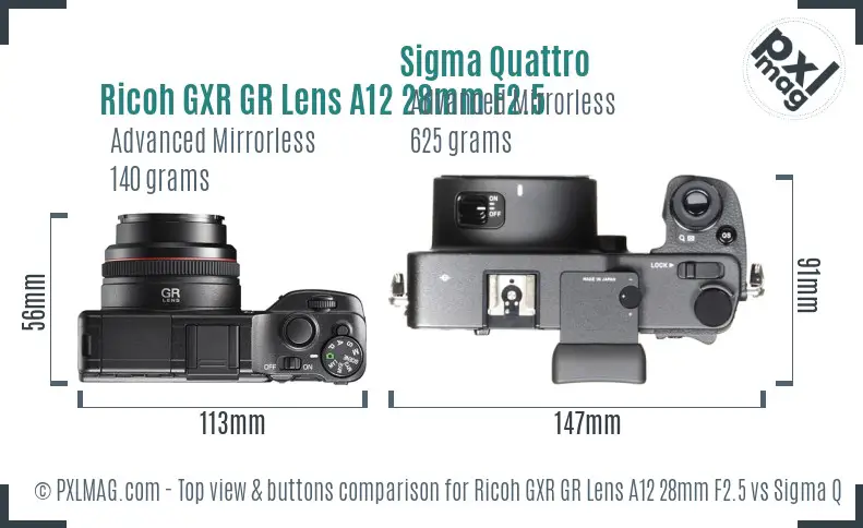 Ricoh GXR GR Lens A12 28mm F2.5 vs Sigma Quattro top view buttons comparison