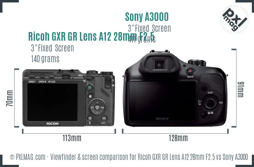 Ricoh GXR GR Lens A12 28mm F2.5 vs Sony A3000 Screen and Viewfinder comparison