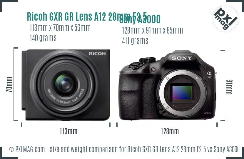 Ricoh GXR GR Lens A12 28mm F2.5 vs Sony A3000 size comparison