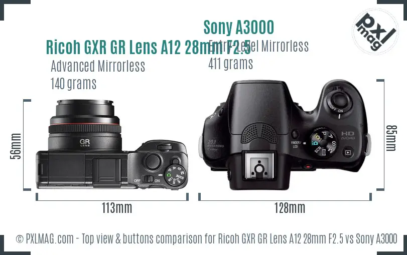 Ricoh GXR GR Lens A12 28mm F2.5 vs Sony A3000 top view buttons comparison