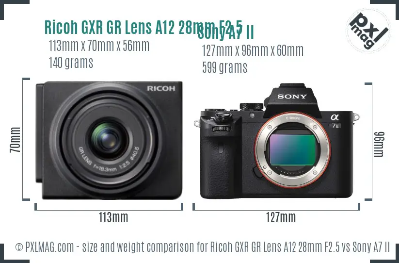 Ricoh GXR GR Lens A12 28mm F2.5 vs Sony A7 II size comparison