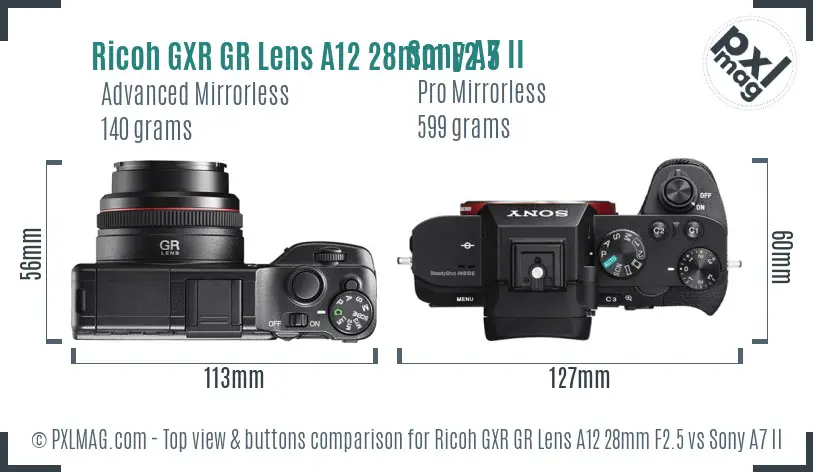 Ricoh GXR GR Lens A12 28mm F2.5 vs Sony A7 II top view buttons comparison