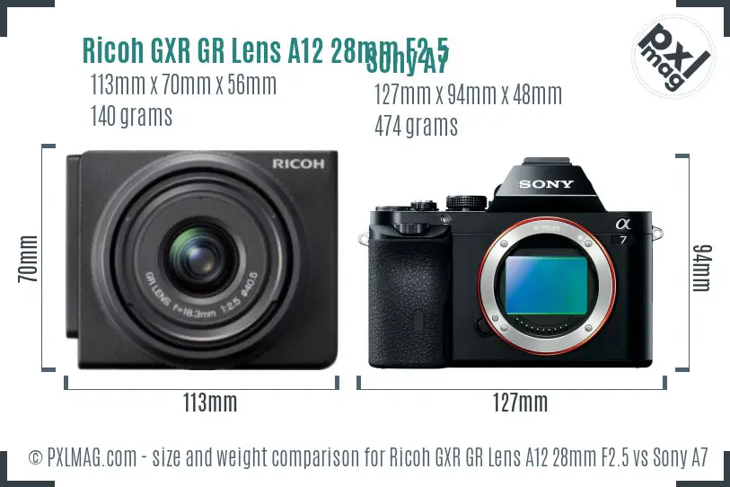 Ricoh GXR GR Lens A12 28mm F2.5 vs Sony A7 size comparison