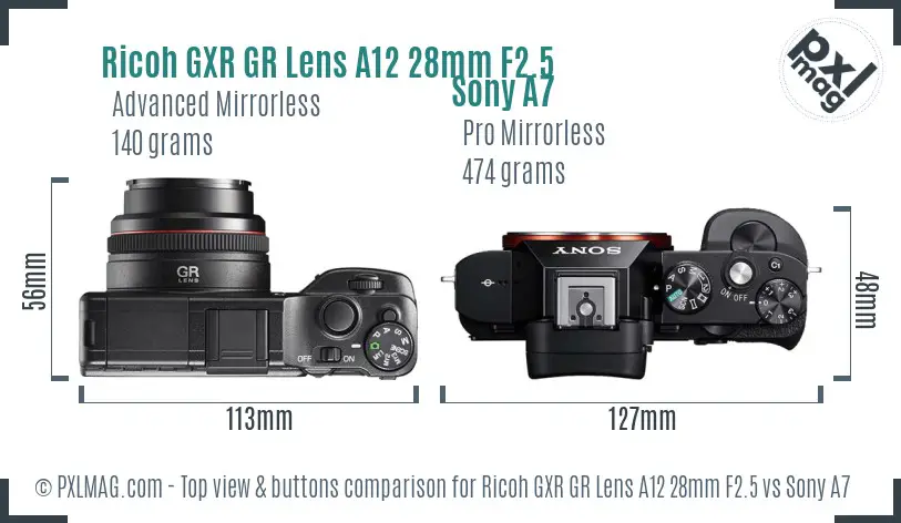 Ricoh GXR GR Lens A12 28mm F2.5 vs Sony A7 top view buttons comparison