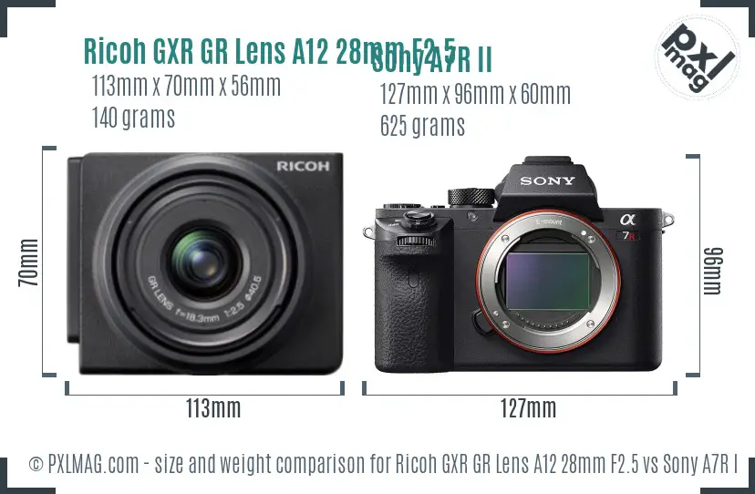 Ricoh GXR GR Lens A12 28mm F2.5 vs Sony A7R II size comparison