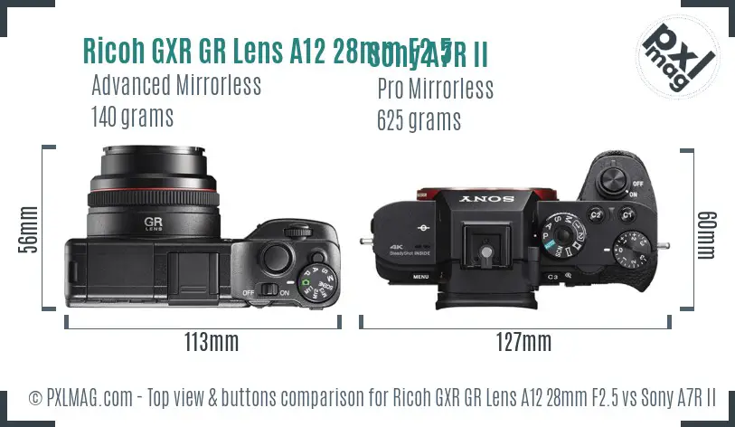 Ricoh GXR GR Lens A12 28mm F2.5 vs Sony A7R II top view buttons comparison