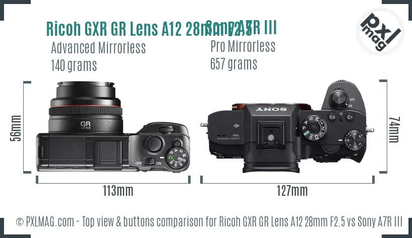 Ricoh GXR GR Lens A12 28mm F2.5 vs Sony A7R III top view buttons comparison Ricoh GXR GR Lens A12 28mm F2.5 vs Sony A7R III top view buttons comparison