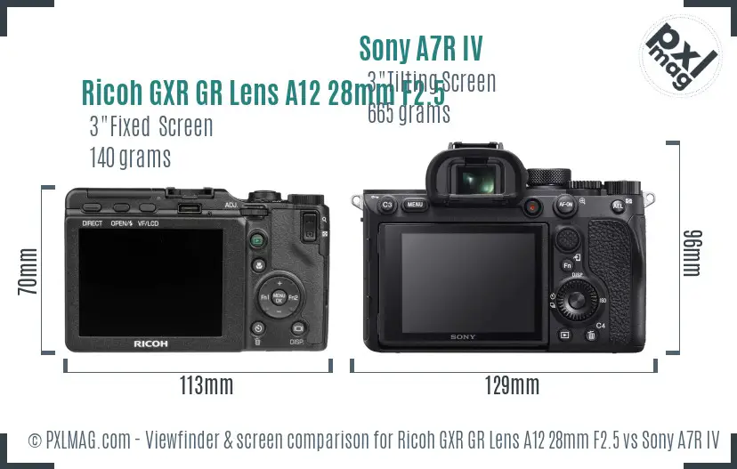 Ricoh GXR GR Lens A12 28mm F2.5 vs Sony A7R IV Screen and Viewfinder comparison