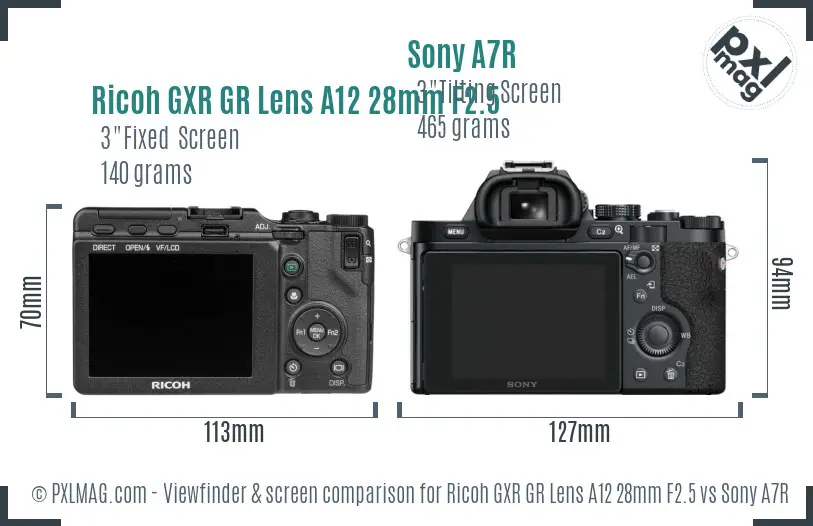 Ricoh GXR GR Lens A12 28mm F2.5 vs Sony A7R Screen and Viewfinder comparison