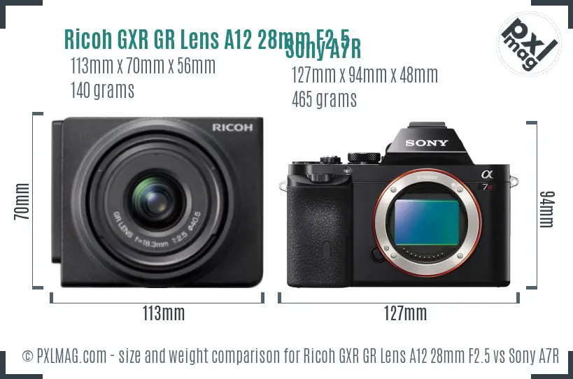 Ricoh GXR GR Lens A12 28mm F2.5 vs Sony A7R size comparison