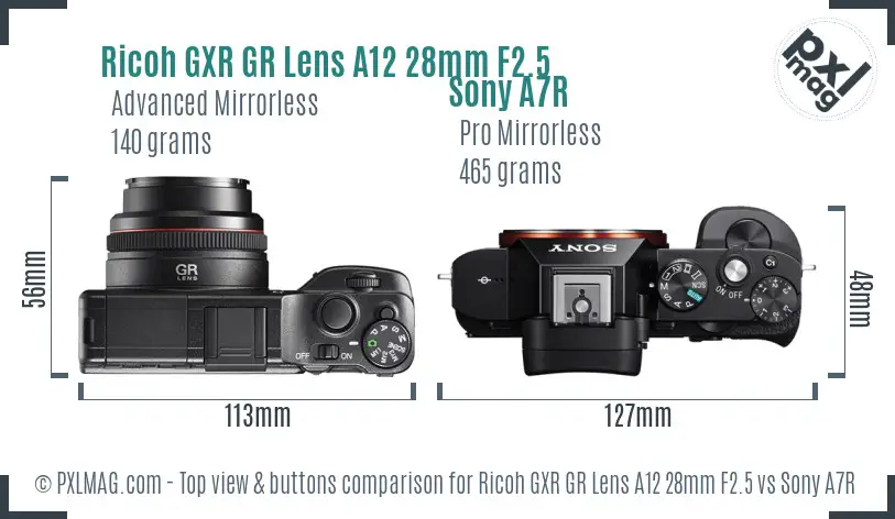 Ricoh GXR GR Lens A12 28mm F2.5 vs Sony A7R top view buttons comparison