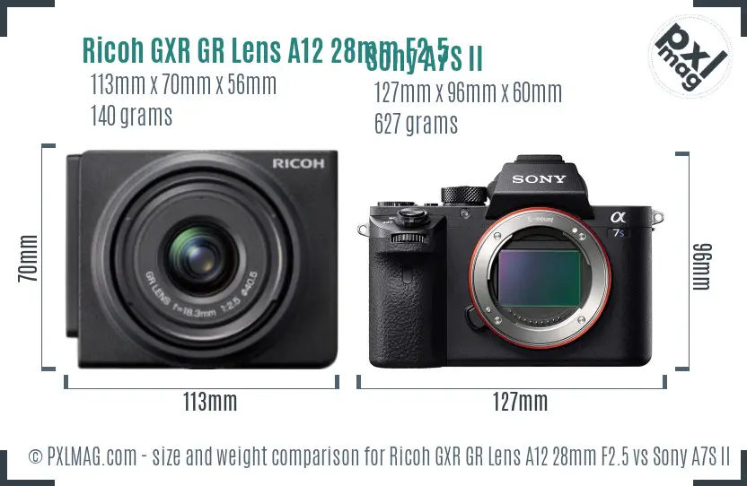 Ricoh GXR GR Lens A12 28mm F2.5 vs Sony A7S II size comparison