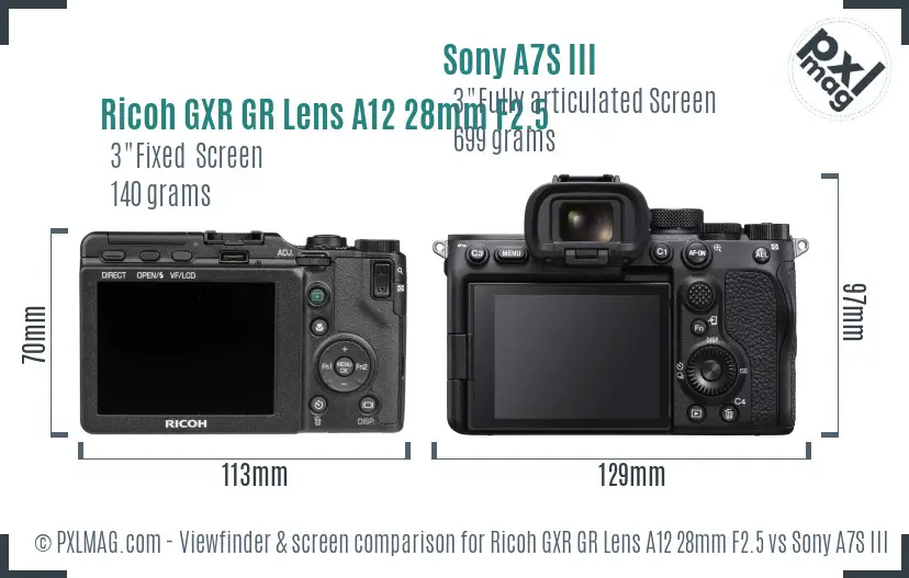 Ricoh GXR GR Lens A12 28mm F2.5 vs Sony A7S III Screen and Viewfinder comparison