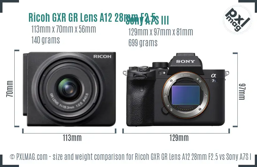 Ricoh GXR GR Lens A12 28mm F2.5 vs Sony A7S III size comparison