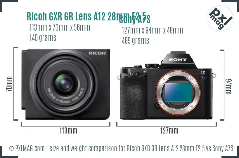 Ricoh GXR GR Lens A12 28mm F2.5 vs Sony A7S size comparison