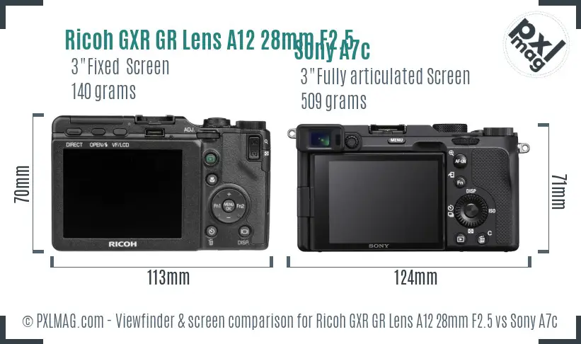 Ricoh GXR GR Lens A12 28mm F2.5 vs Sony A7c Screen and Viewfinder comparison