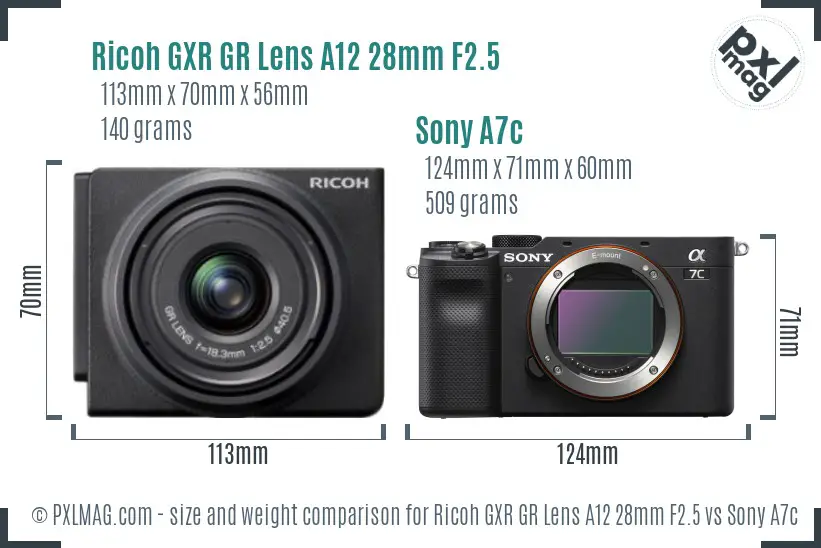 Ricoh GXR GR Lens A12 28mm F2.5 vs Sony A7c size comparison