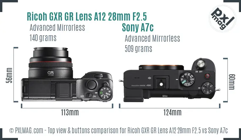 Ricoh GXR GR Lens A12 28mm F2.5 vs Sony A7c top view buttons comparison