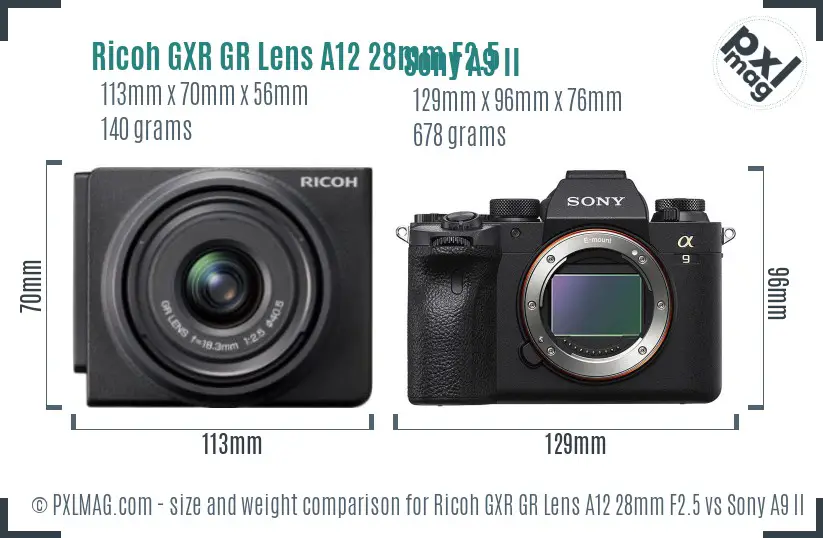 Ricoh GXR GR Lens A12 28mm F2.5 vs Sony A9 II size comparison