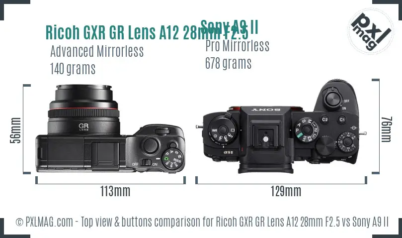 Ricoh GXR GR Lens A12 28mm F2.5 vs Sony A9 II top view buttons comparison