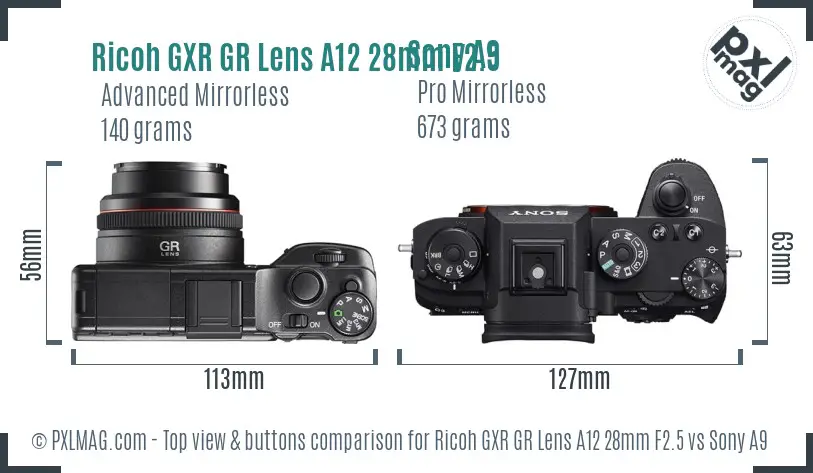Ricoh GXR GR Lens A12 28mm F2.5 vs Sony A9 top view buttons comparison