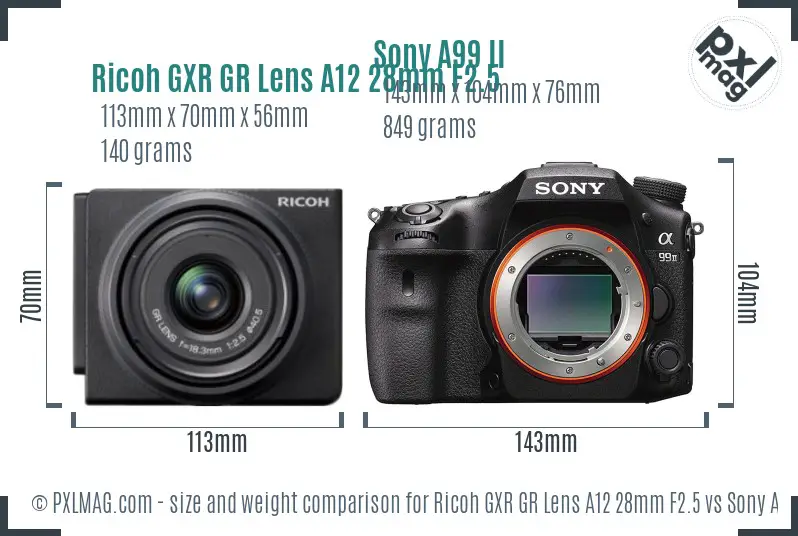 Ricoh GXR GR Lens A12 28mm F2.5 vs Sony A99 II size comparison