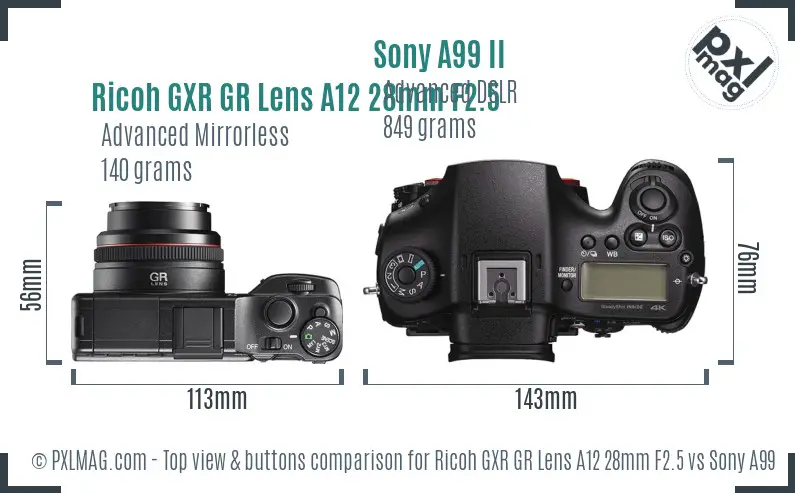 Ricoh GXR GR Lens A12 28mm F2.5 vs Sony A99 II top view buttons comparison