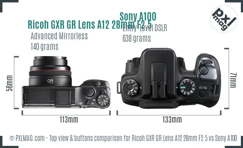 Ricoh GXR GR Lens A12 28mm F2.5 vs Sony A100 top view buttons comparison Ricoh GXR GR Lens A12 28mm F2.5 vs Sony A100 top view buttons comparison
