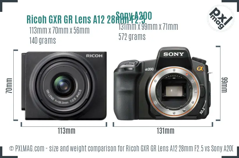 Ricoh GXR GR Lens A12 28mm F2.5 vs Sony A200 size comparison