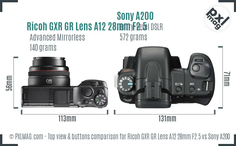 Ricoh GXR GR Lens A12 28mm F2.5 vs Sony A200 top view buttons comparison