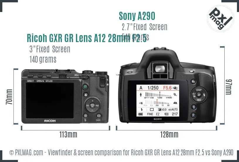 Ricoh GXR GR Lens A12 28mm F2.5 vs Sony A290 Screen and Viewfinder comparison