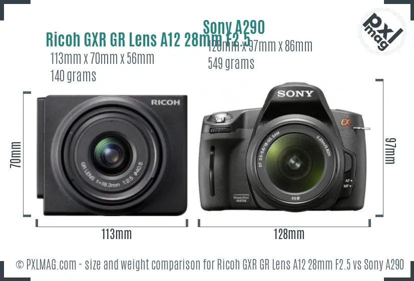 Ricoh GXR GR Lens A12 28mm F2.5 vs Sony A290 size comparison