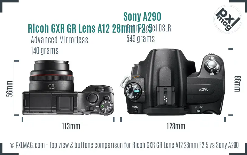 Ricoh GXR GR Lens A12 28mm F2.5 vs Sony A290 top view buttons comparison