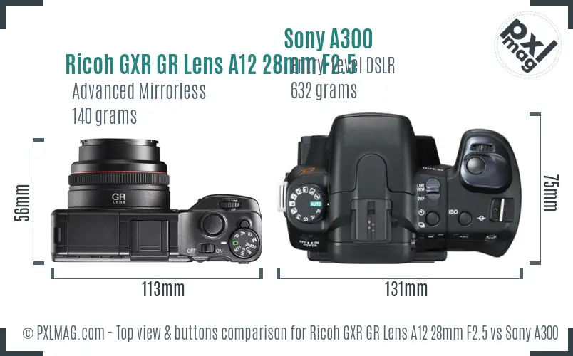 Ricoh GXR GR Lens A12 28mm F2.5 vs Sony A300 top view buttons comparison