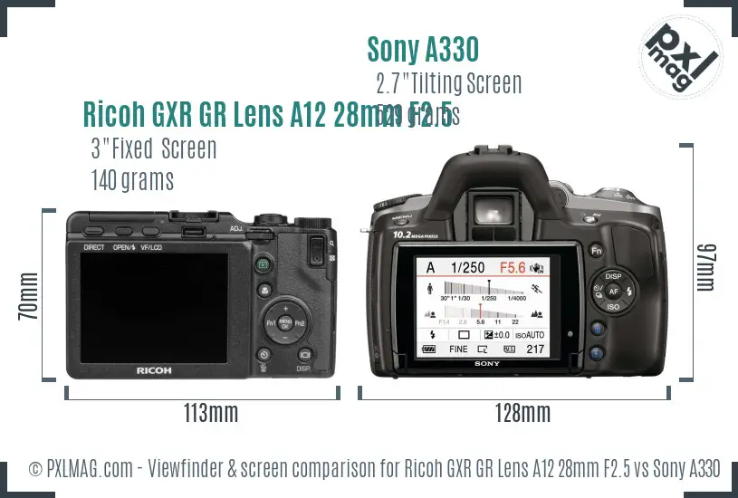 Ricoh GXR GR Lens A12 28mm F2.5 vs Sony A330 Screen and Viewfinder comparison