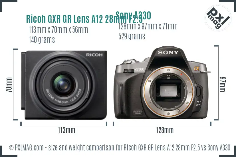 Ricoh GXR GR Lens A12 28mm F2.5 vs Sony A330 size comparison