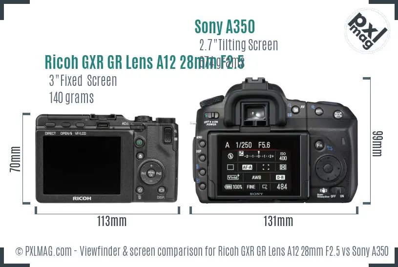 Ricoh GXR GR Lens A12 28mm F2.5 vs Sony A350 Screen and Viewfinder comparison